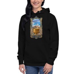 Black West Azerbaijan unisex hoodie with Lake Urmia and the ancient Hasanlu mound design, front view