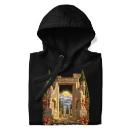 Black Gate of All Nations Iran unisex hoodie with Gate of All Nations with winged Lamassu guardians and rising sun design, front view