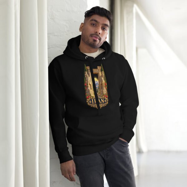 unisex-premium-pullover-hoodie-black-front-6acb94f83bdc2.jpg Black Gate of All Nations Iran unisex hoodie with Gate of All Nations with winged Lamassu guardians and rising sun design, front view