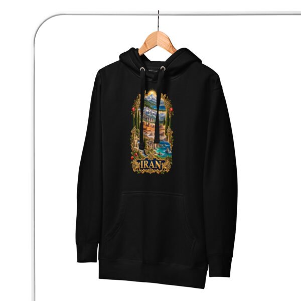 Black Tomb of Cyrus Iran unisex hoodie with panorama of Iran’s mountains, lakes, deserts and sea design, front view