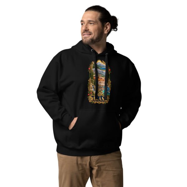 Black Tomb of Cyrus Iran unisex hoodie with panorama of Iran’s mountains, lakes, deserts and sea design, front view