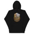 Black Persian Garden Iran unisex hoodie with ancient Persian columns before snowy mountains design, front view