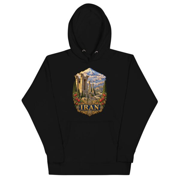 Black Persian Garden Iran unisex hoodie with ancient Persian columns before snowy mountains design, front view