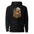Black Silk Road Iran unisex hoodie with Iranian horse in the mountains design, front view