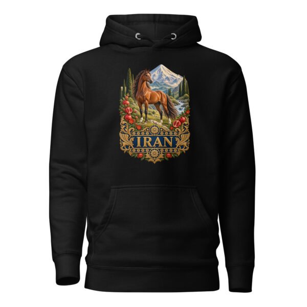 Black Silk Road Iran unisex hoodie with Iranian horse in the mountains design, front view