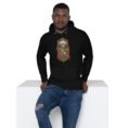 Black Simurgh Iran unisex hoodie with mountain valley with a stream, cypress trees and pomegranates design, front view