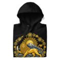 Black Lion and Sun Damavand unisex hoodie, front with golden Lion and Sun with Mount Damavand design