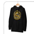 Black Lion and Sun Damavand unisex hoodie, front with golden Lion and Sun with Mount Damavand design