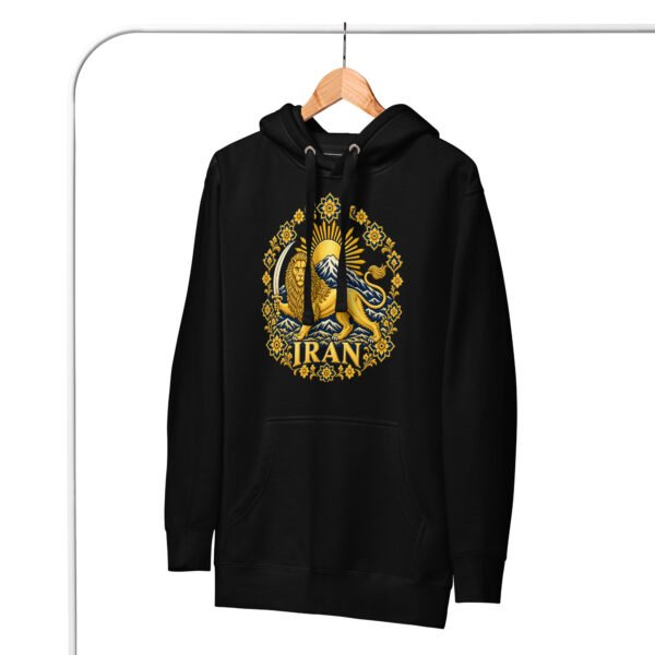 Black Lion and Sun Damavand unisex hoodie, front with golden Lion and Sun with Mount Damavand design