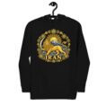 Black Lion and Sun Map of Iran unisex hoodie, front with Lion and Sun medallion design