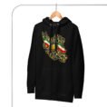 Black Iran Lion and Sun Flag unisex hoodie, front with map of Iran with tricolor ribbon and Lion and Sun design