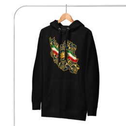 Black Iran Lion and Sun Flag unisex hoodie, front with map of Iran with tricolor ribbon and Lion and Sun design