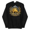 Black Lion and Sun Flag unisex hoodie, front with golden Lion and Sun crest with Damavand design