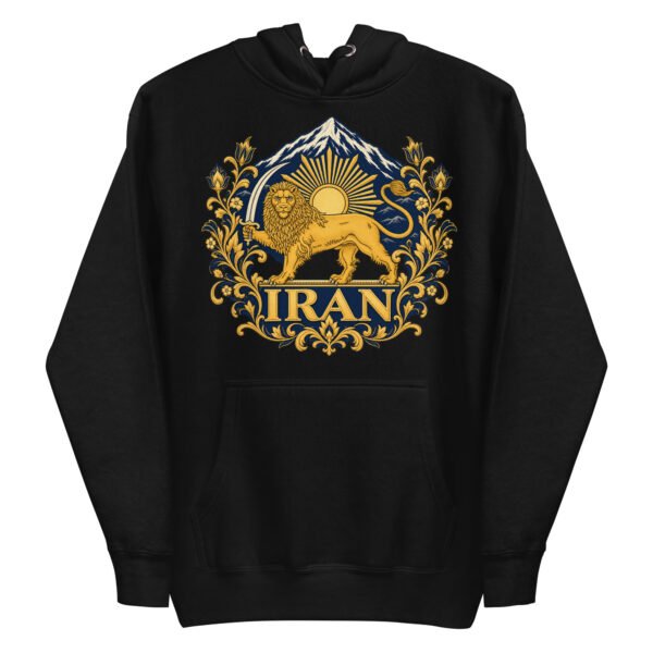 Black Lion and Sun Flag unisex hoodie, front with golden Lion and Sun crest with Damavand design
