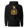 Black Reza Shah Lion and Sun unisex hoodie, front with Reza Shah portrait with Lion and Sun crest design
