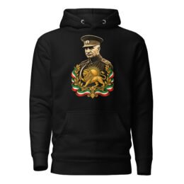 Black Reza Shah Lion and Sun unisex hoodie, front with Reza Shah portrait with Lion and Sun crest design