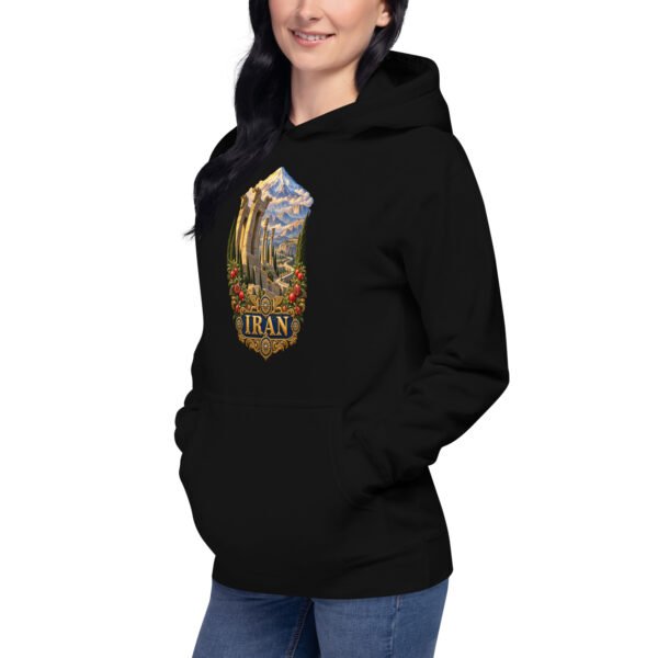 Black Persian Garden Iran unisex hoodie with ancient Persian columns before snowy mountains design, front view