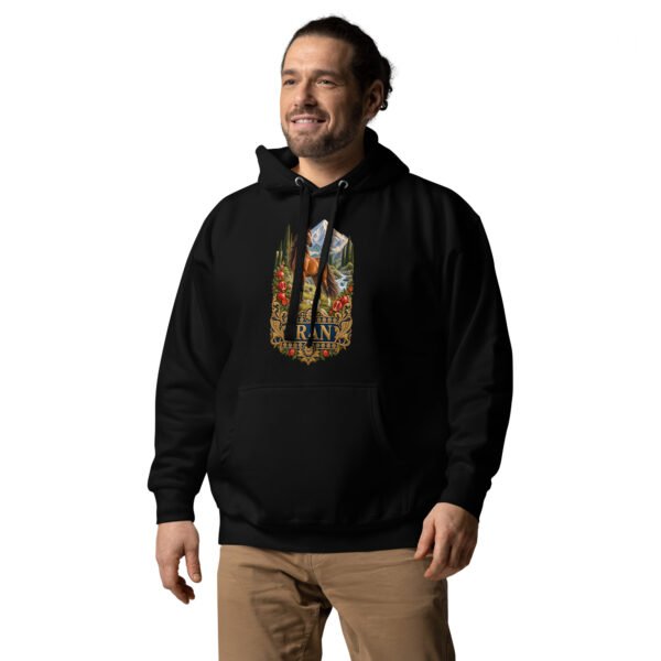 Black Silk Road Iran unisex hoodie with Iranian horse in the mountains design, front view