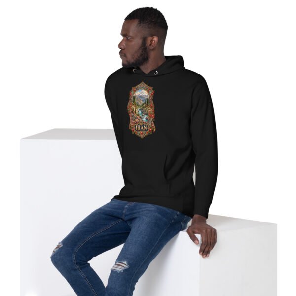 Black Simurgh Iran unisex hoodie with mountain valley with a stream, cypress trees and pomegranates design, front view