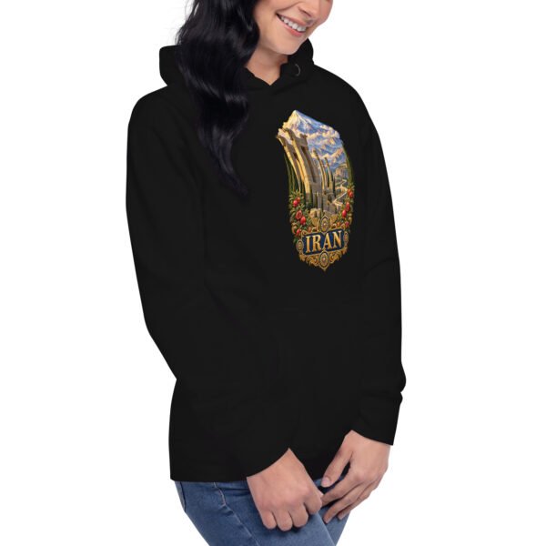 Black Persian Garden Iran unisex hoodie with ancient Persian columns before snowy mountains design, front view