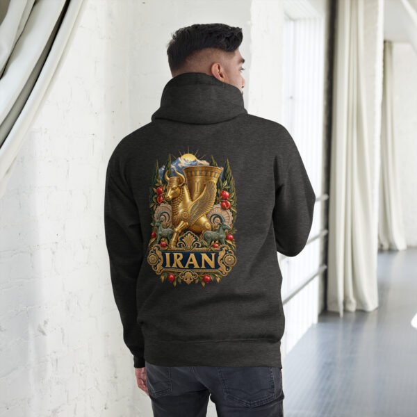 unisex-premium-pullover-hoodie-charcoal-heather-back-6acb94f83cb86.jpg Gate of All Nations Iran unisex hoodie with Gate of All Nations with winged Lamassu guardians and rising sun design