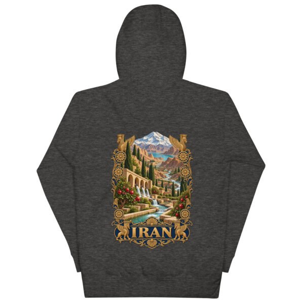 Persian Garden Iran unisex hoodie with ancient Persian columns before snowy mountains design