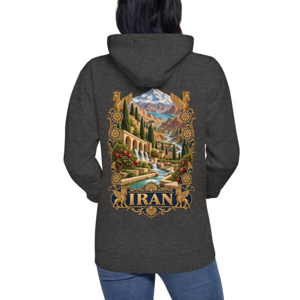 Persian Garden Iran unisex hoodie with ancient Persian columns before snowy mountains design