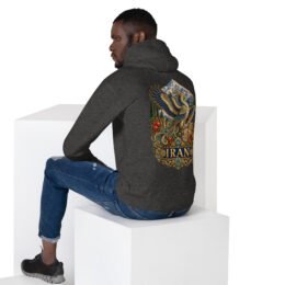 Simurgh Iran unisex hoodie with mountain valley with a stream, cypress trees and pomegranates design