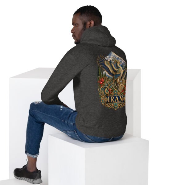 Simurgh Iran unisex hoodie with mountain valley with a stream, cypress trees and pomegranates design