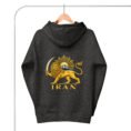 Charcoal Heather Lion and Sun Damavand unisex hoodie, back view with Lion and Sun emblem and IRAN design