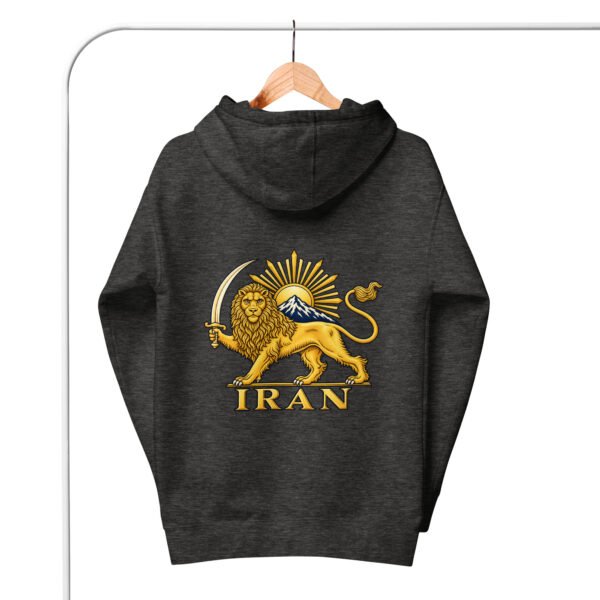 Charcoal Heather Lion and Sun Damavand unisex hoodie, back view with Lion and Sun emblem and IRAN design