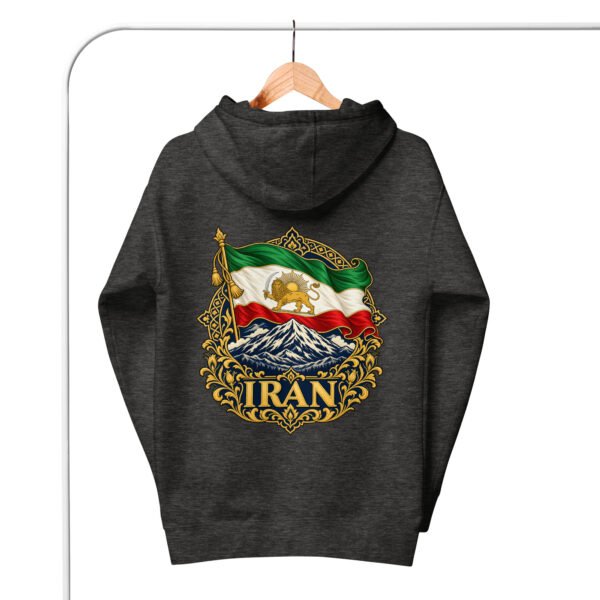 unisex-premium-pullover-hoodie-charcoal-heather-back-6acba6c36fc83.jpg Charcoal Heather Iran Lion and Sun Flag unisex hoodie, back view with Lion and Sun flag over Mount Damavand design