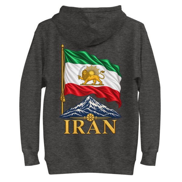 Charcoal Heather Lion and Sun Flag unisex hoodie, back view with waving Lion and Sun flag over Mount Damavand design