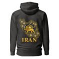 Charcoal Heather Reza Shah Lion and Sun unisex hoodie, back view with map of Iran with Persian tilework and Lion and Sun design