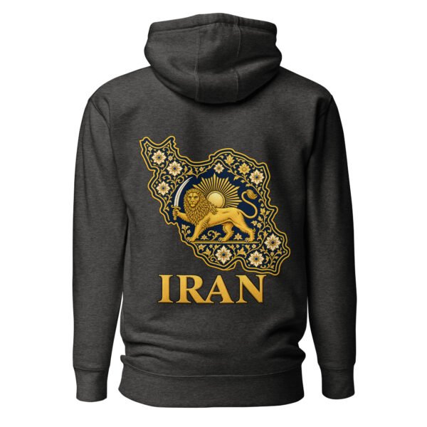 Charcoal Heather Reza Shah Lion and Sun unisex hoodie, back view with map of Iran with Persian tilework and Lion and Sun design
