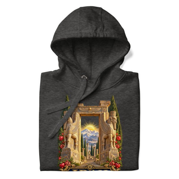 unisex-premium-pullover-hoodie-charcoal-heather-front-6acb94f83b15f.jpg Gate of All Nations Iran unisex hoodie with Gate of All Nations with winged Lamassu guardians and rising sun design