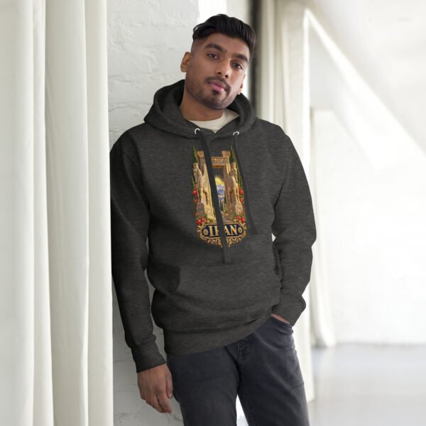 unisex-premium-pullover-hoodie-charcoal-heather-front-6acb94f83be71.jpg Gate of All Nations Iran unisex hoodie with Gate of All Nations with winged Lamassu guardians and rising sun design
