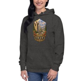 Persian Garden Iran unisex hoodie with ancient Persian columns before snowy mountains design