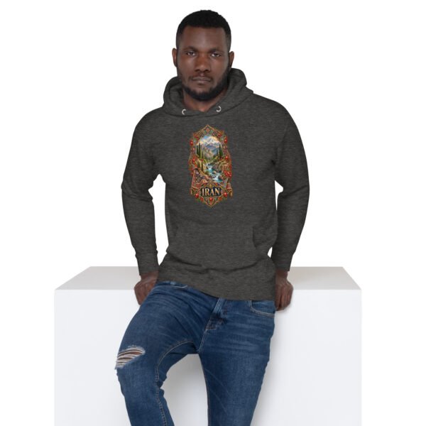 Simurgh Iran unisex hoodie with mountain valley with a stream, cypress trees and pomegranates design