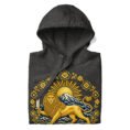 Charcoal Heather Lion and Sun Damavand unisex hoodie, front with golden Lion and Sun with Mount Damavand design
