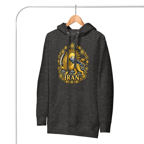 Charcoal Heather Lion and Sun Damavand unisex hoodie, front with golden Lion and Sun with Mount Damavand design