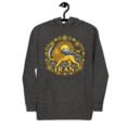 Charcoal Heather Lion and Sun Map of Iran unisex hoodie, front with Lion and Sun medallion design