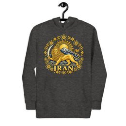 Charcoal Heather Lion and Sun Map of Iran unisex hoodie, front with Lion and Sun medallion design