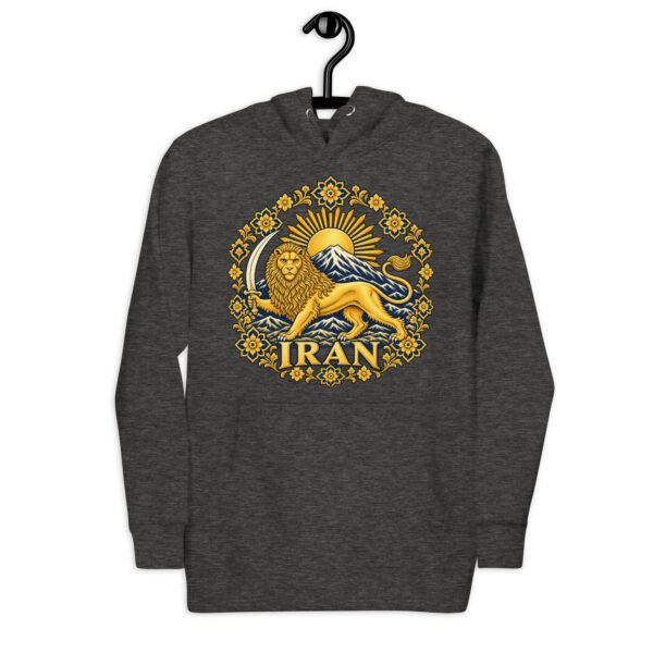Charcoal Heather Lion and Sun Map of Iran unisex hoodie, front with Lion and Sun medallion design