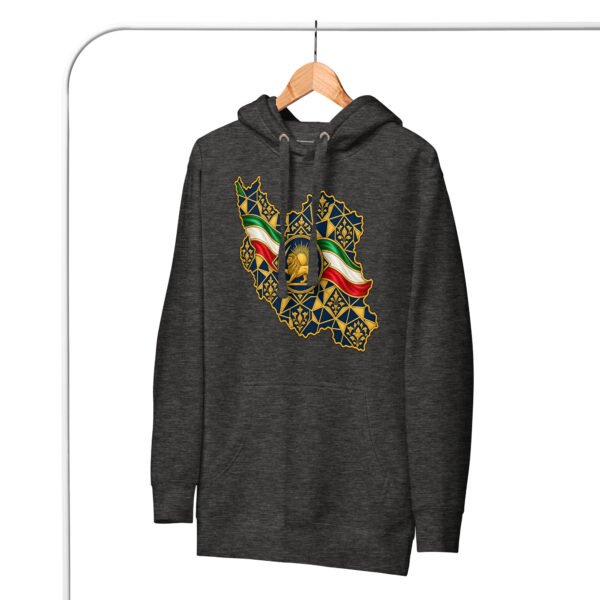 unisex-premium-pullover-hoodie-charcoal-heather-front-6acba6c36a331.jpg Charcoal Heather Iran Lion and Sun Flag unisex hoodie, front with map of Iran with tricolor ribbon and Lion and Sun design