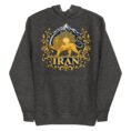 Charcoal Heather Lion and Sun Flag unisex hoodie, front with golden Lion and Sun crest with Damavand design
