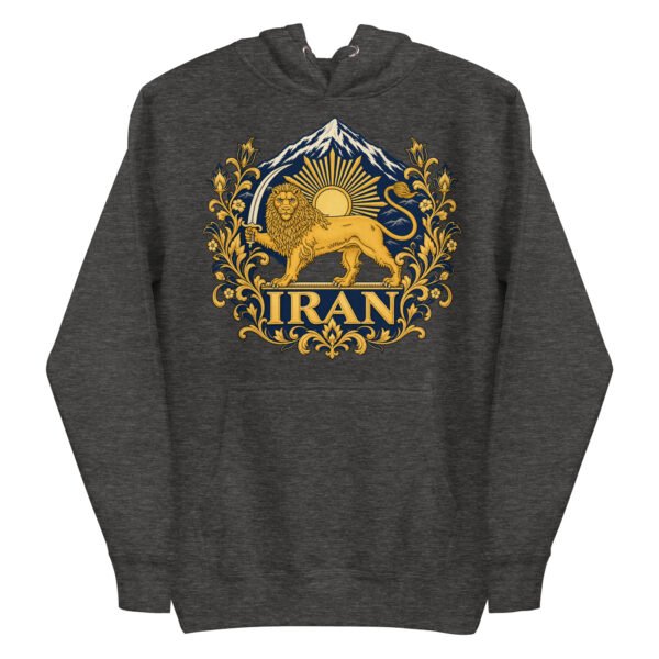 Charcoal Heather Lion and Sun Flag unisex hoodie, front with golden Lion and Sun crest with Damavand design