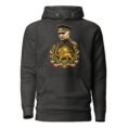 Charcoal Heather Reza Shah Lion and Sun unisex hoodie, front with Reza Shah portrait with Lion and Sun crest design