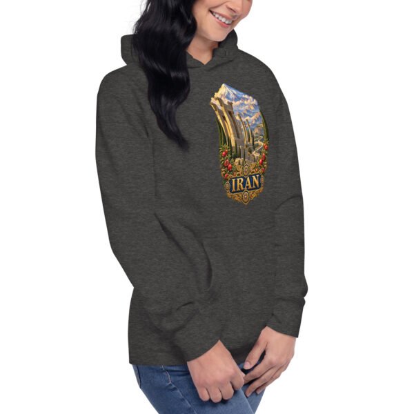 Persian Garden Iran unisex hoodie with ancient Persian columns before snowy mountains design