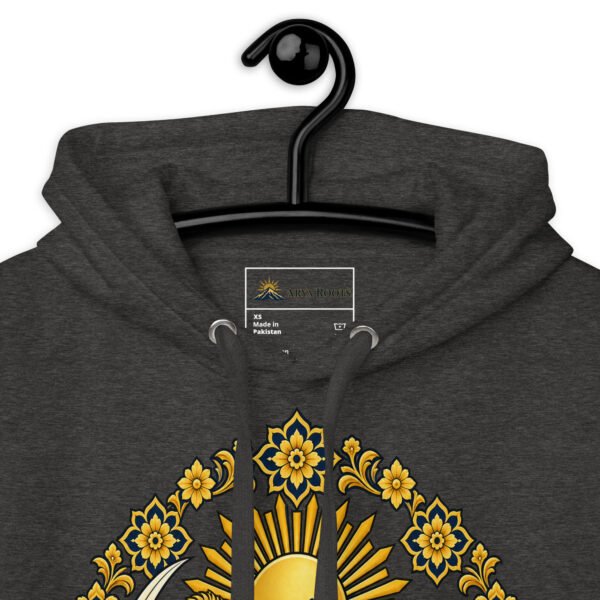 Charcoal Heather Lion and Sun Map of Iran unisex hoodie, front with Lion and Sun medallion design